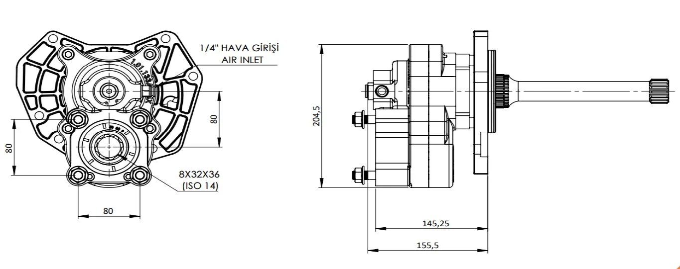 CTM 310 A1 4XF PTO teknik çizimi — kesit, ölçü ve montaj şeması