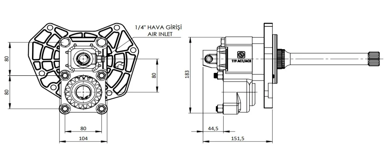 CTM 310 AC1 F PTO teknik çizimi — kesit, ölçü ve montaj şeması