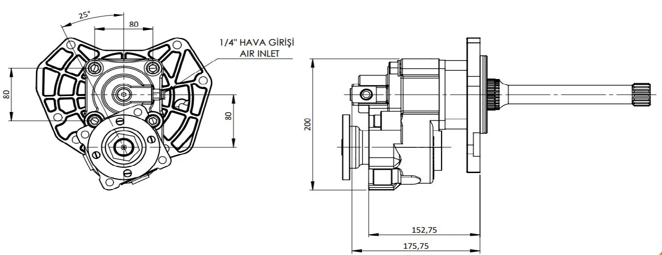 CTM 310 AD1 3X F PTO teknik çizimi — kesit, ölçü ve montaj şeması