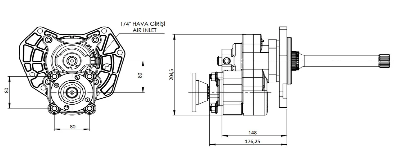 CTM 310 AD1 4X F PTO teknik çizimi — kesit, ölçü ve montaj şeması