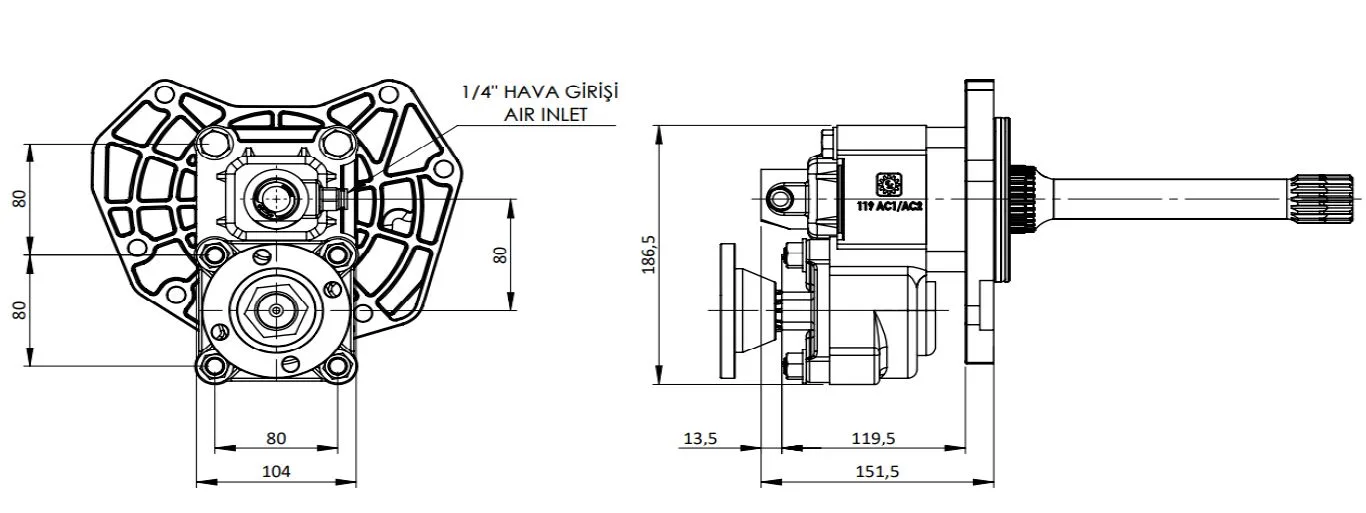 CTM 310 AD1 F PTO teknik çizimi — kesit, ölçü ve montaj şeması