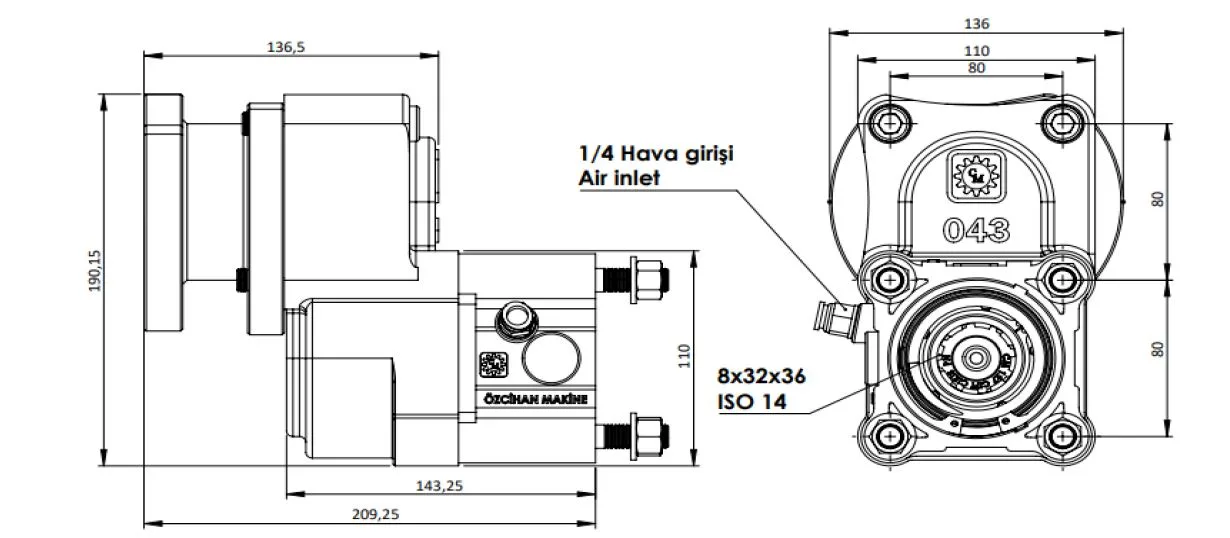 CTM 313 PTO teknik çizimi — kesit, ölçü ve montaj şeması