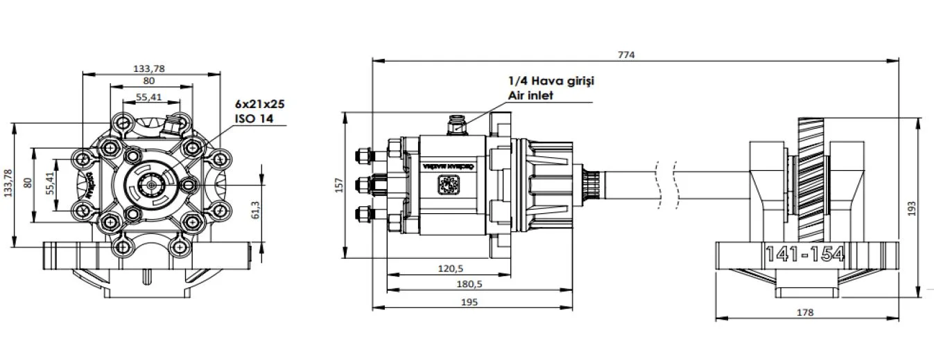 CTM 318 AE PTO teknik çizimi — kesit, ölçü ve montaj şeması