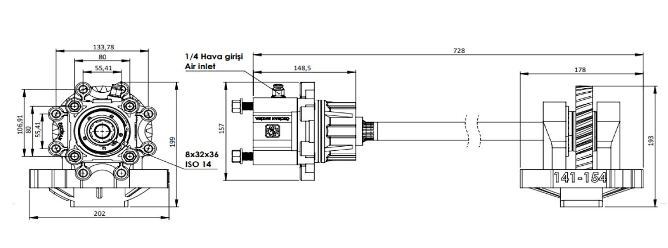 CTM 318 AC1 PTO teknik çizimi — kesit, ölçü ve montaj şeması