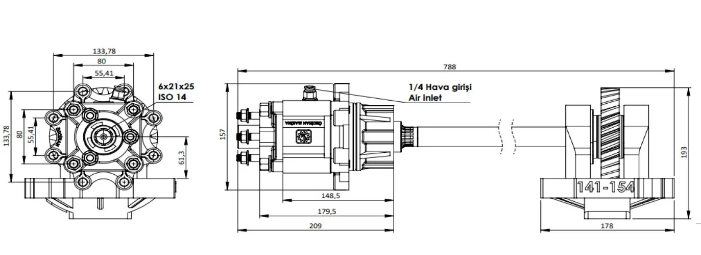 CTM 318 AC2 PTO teknik çizimi — kesit, ölçü ve montaj şeması