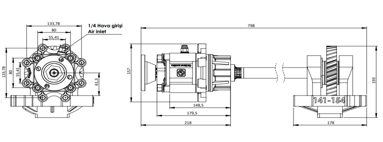 CTM 318 AD PTO teknik çizimi — kesit, ölçü ve montaj şeması