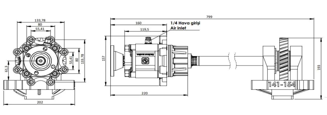 CTM 318 AD1 PTO teknik çizimi — kesit, ölçü ve montaj şeması
