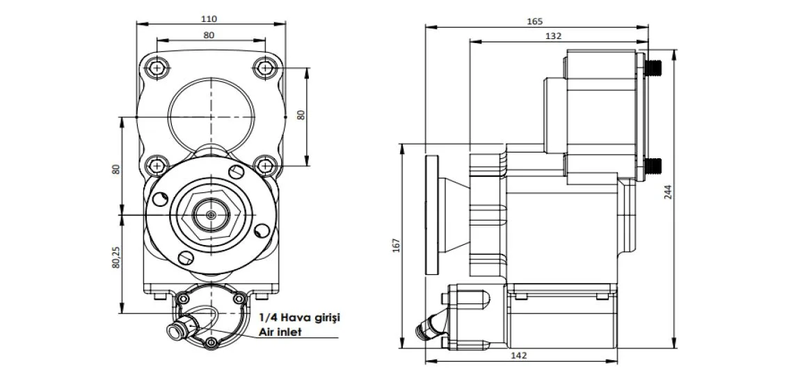 CTM 320 AD1 PTO teknik çizimi — kesit, ölçü ve montaj şeması