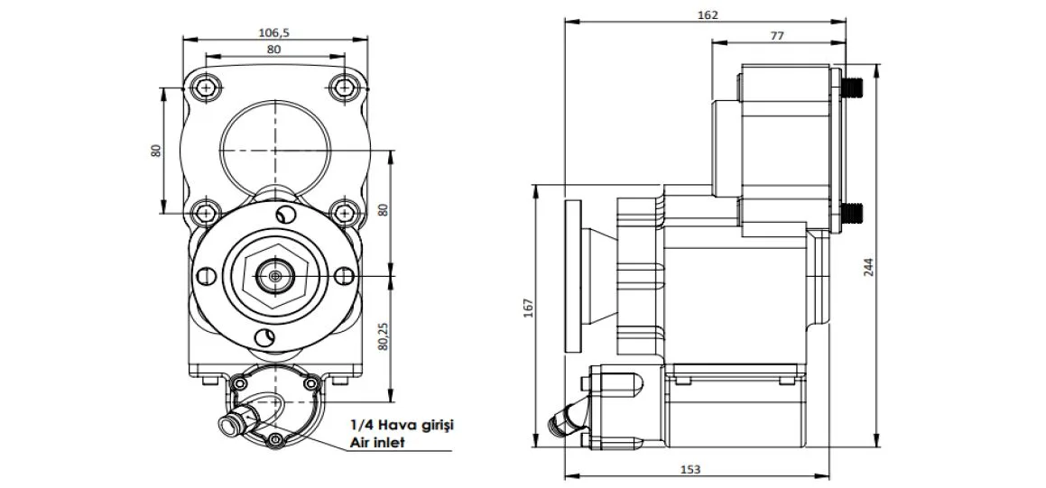 CTM 320 AD PTO teknik çizimi — kesit, ölçü ve montaj şeması