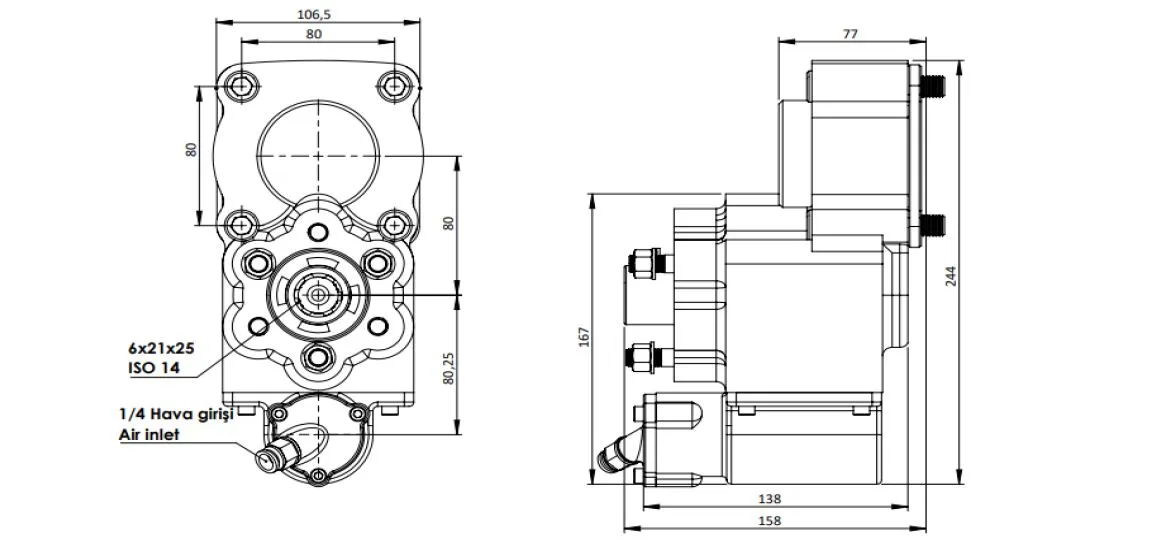 CTM 320 AC2 PTO teknik çizimi — kesit, ölçü ve montaj şeması