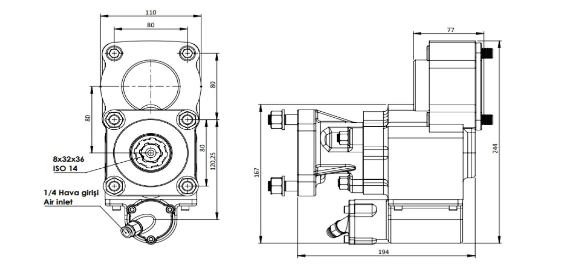 CTM 320 AC1 PTO teknik çizimi — kesit, ölçü ve montaj şeması