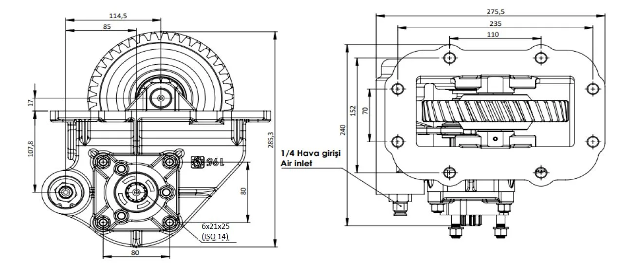 CTM 322 AE PTO teknik çizimi — kesit, ölçü ve montaj şeması