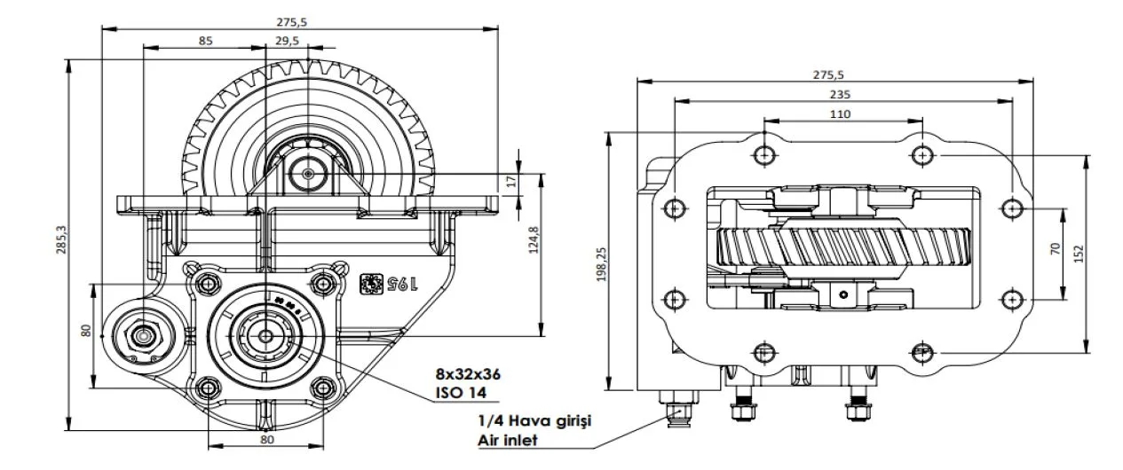 CTM 322 A1 PTO teknik çizimi — kesit, ölçü ve montaj şeması