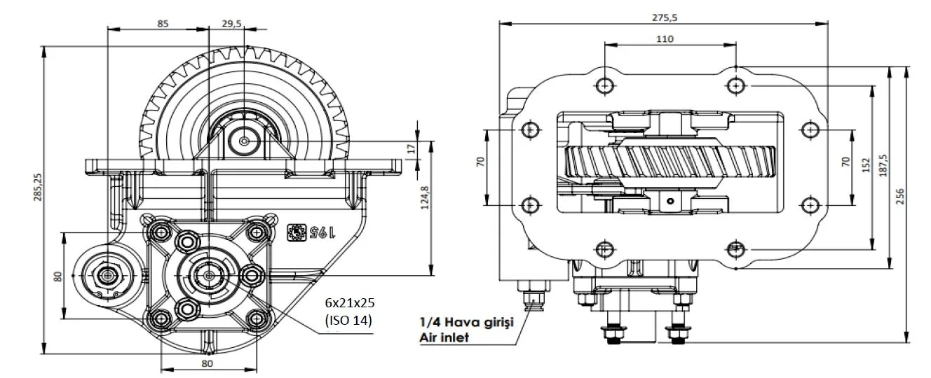 CTM 322 AC2 PTO teknik çizimi — kesit, ölçü ve montaj şeması