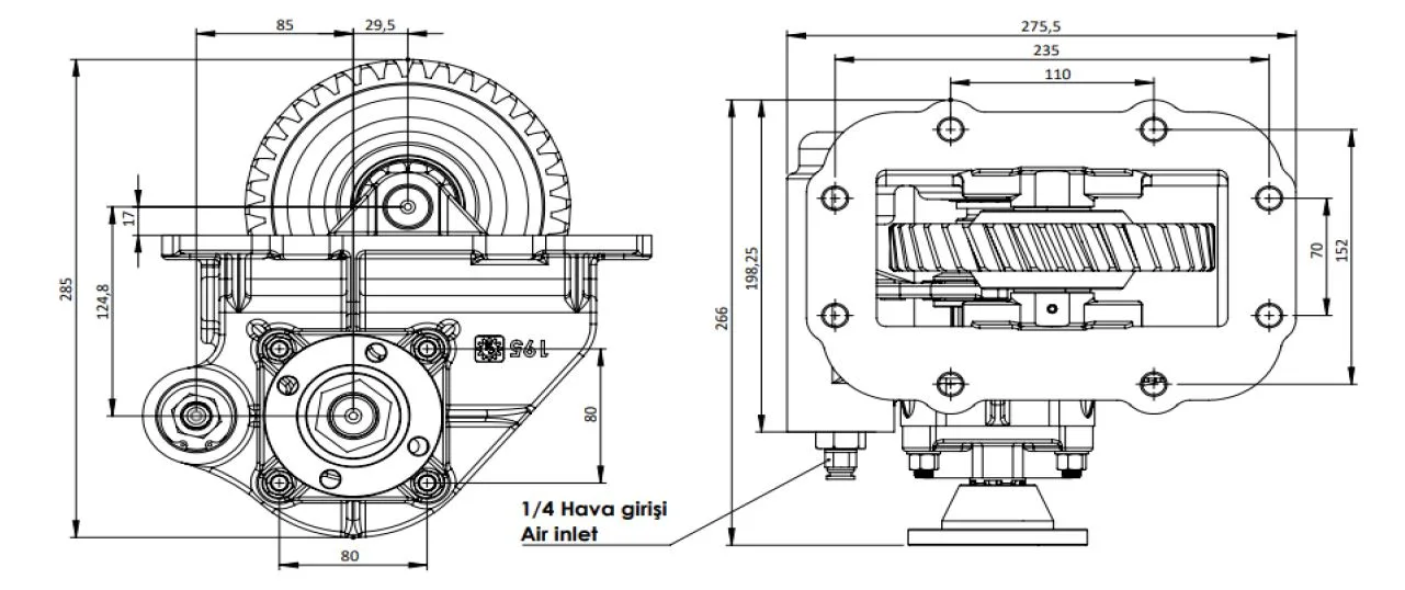 CTM 322 AD PTO teknik çizimi — kesit, ölçü ve montaj şeması