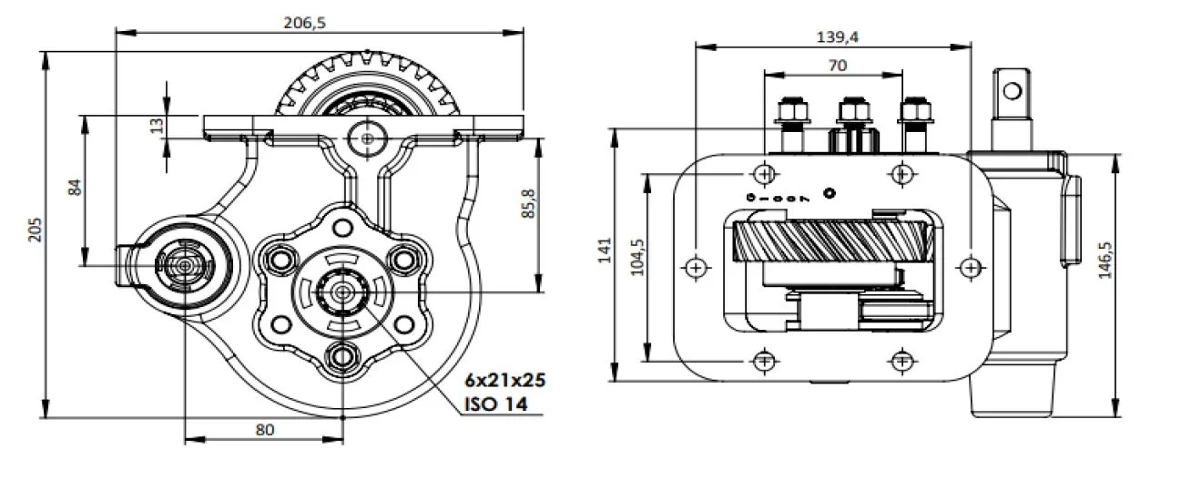 CTM 324 BE PTO teknik çizimi — kesit, ölçü ve montaj şeması