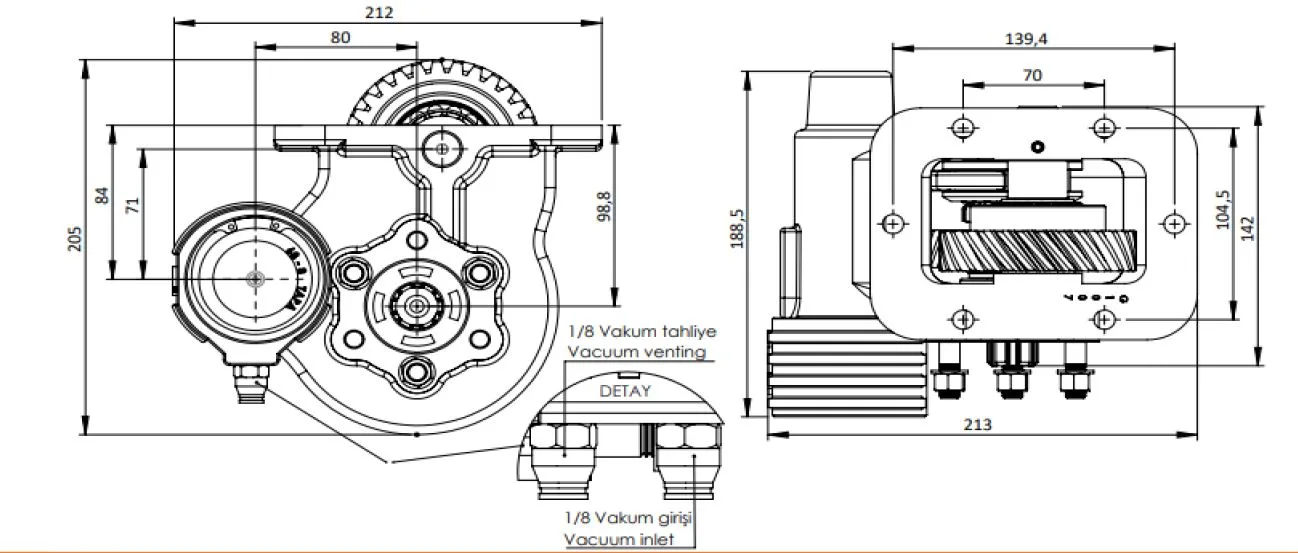 CTM 324 BE KV PTO teknik çizimi — kesit, ölçü ve montaj şeması