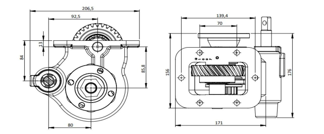 CTM 324 BD PTO teknik çizimi — kesit, ölçü ve montaj şeması