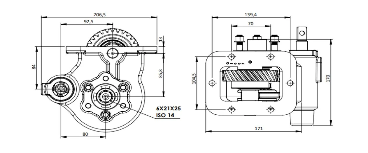CTM 324 BC2 PTO teknik çizimi — kesit, ölçü ve montaj şeması