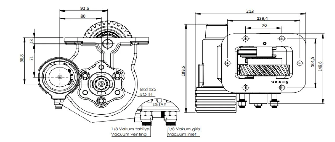 CTM 324 BC2 KV PTO teknik çizimi — kesit, ölçü ve montaj şeması