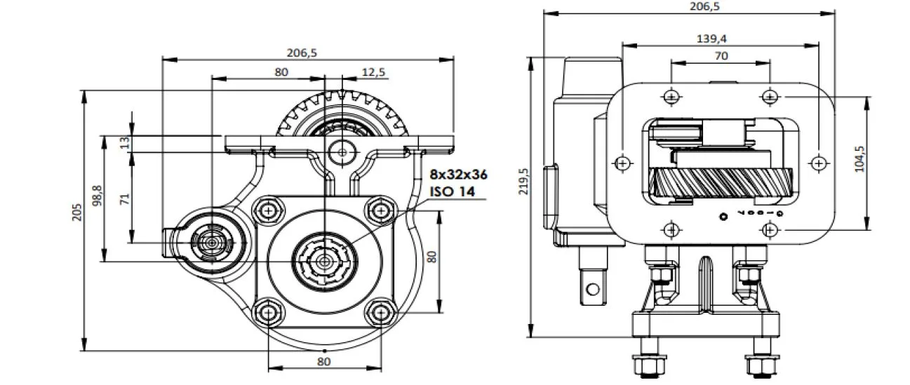 CTM 324 BC1 PTO teknik çizimi — kesit, ölçü ve montaj şeması
