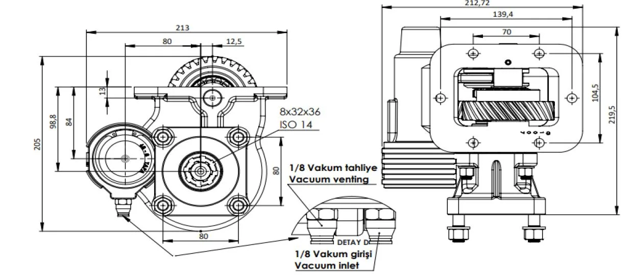 CTM 324 BC1 KV PTO teknik çizimi — kesit, ölçü ve montaj şeması