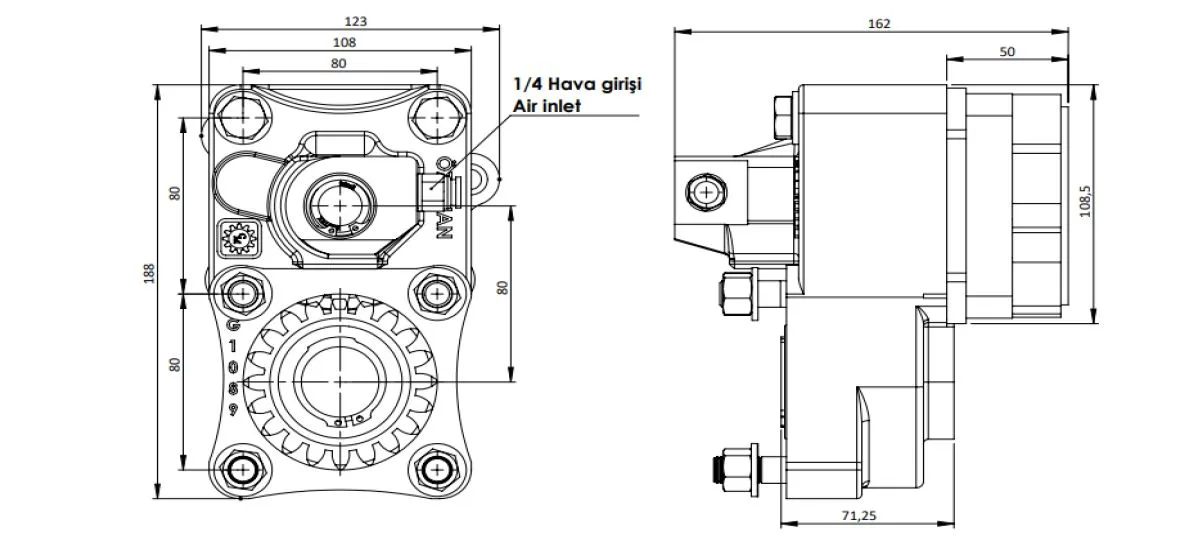 CTM 325 AC1 PTO teknik çizimi — kesit, ölçü ve montaj şeması
