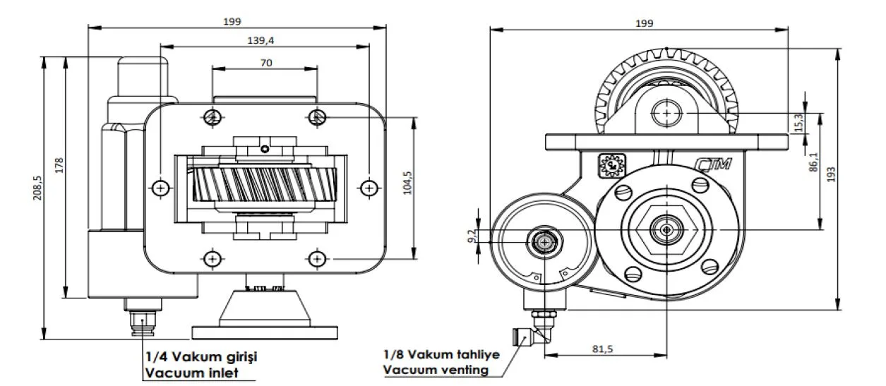 CTM 327 BD KV PTO teknik çizimi — kesit, ölçü ve montaj şeması