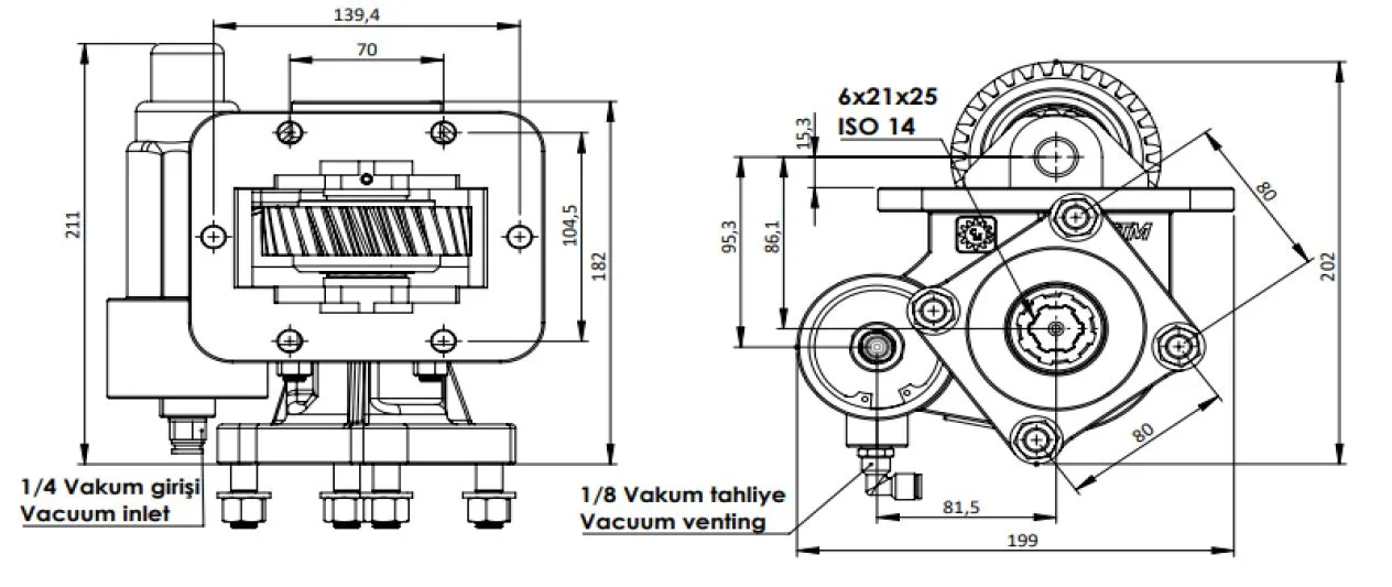 CTM 327 BC1 KV PTO teknik çizimi — kesit, ölçü ve montaj şeması