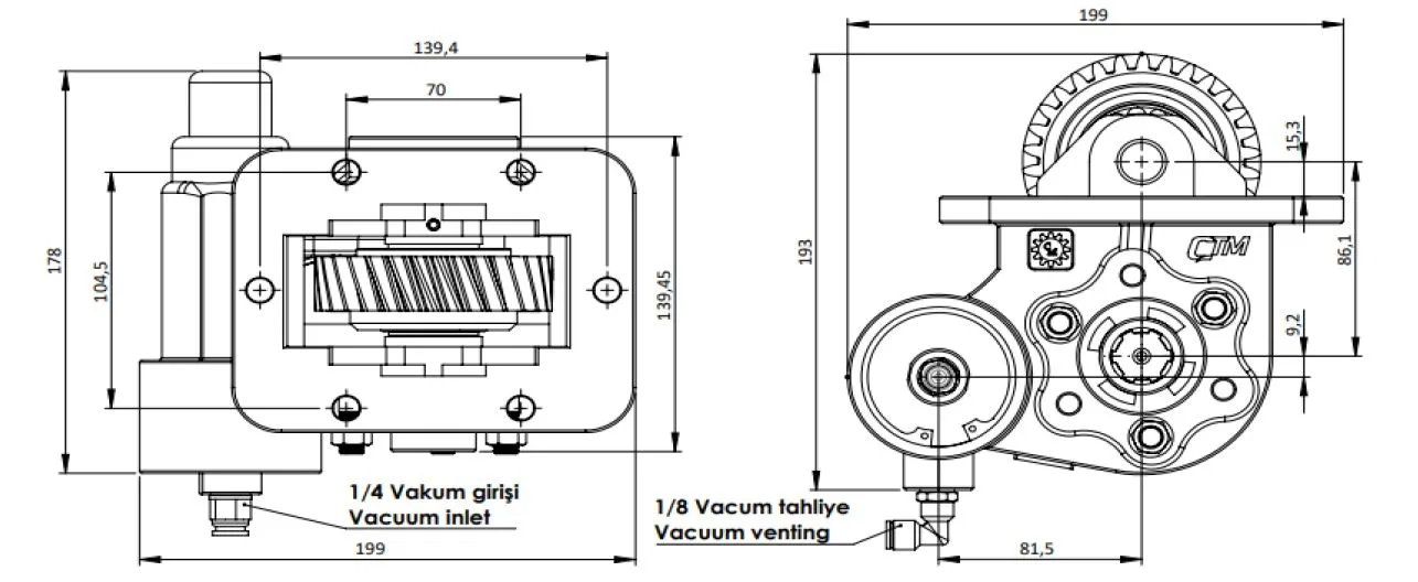 CTM 327 BC2 KV PTO teknik çizimi — kesit, ölçü ve montaj şeması
