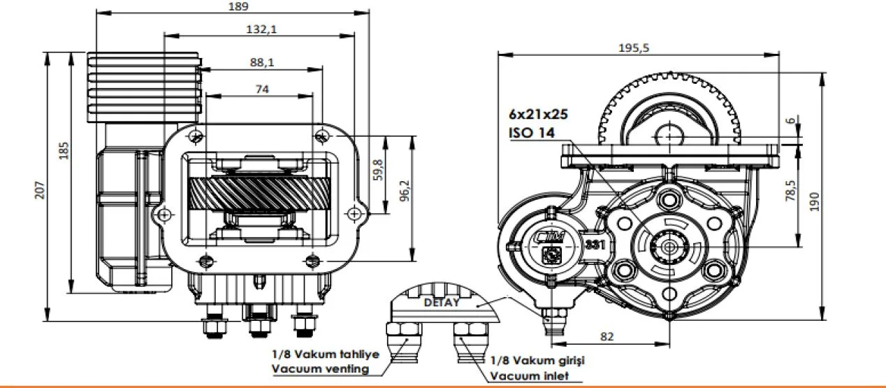 CTM 331 BE KV PTO teknik çizimi — kesit, ölçü ve montaj şeması