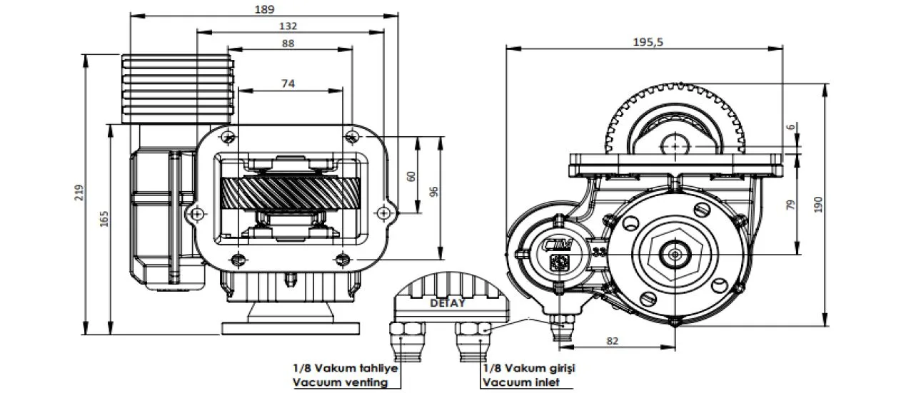 CTM 331 BD KV PTO teknik çizimi — kesit, ölçü ve montaj şeması