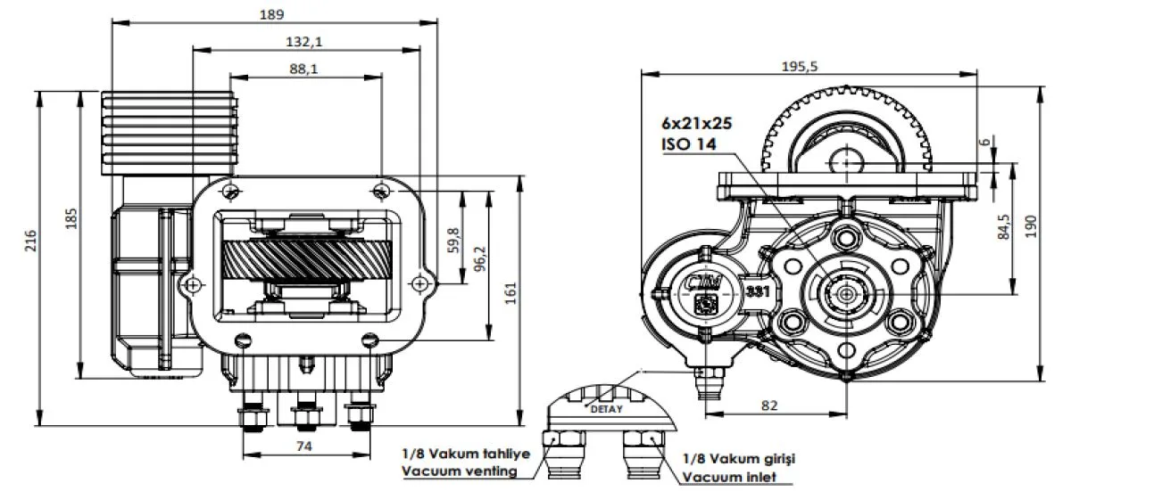 CTM 331 BC2 KV PTO teknik çizimi — kesit, ölçü ve montaj şeması