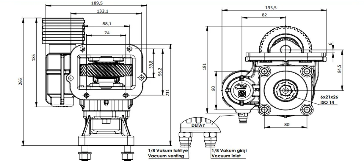 CTM 331 BC1 KV PTO teknik çizimi — kesit, ölçü ve montaj şeması