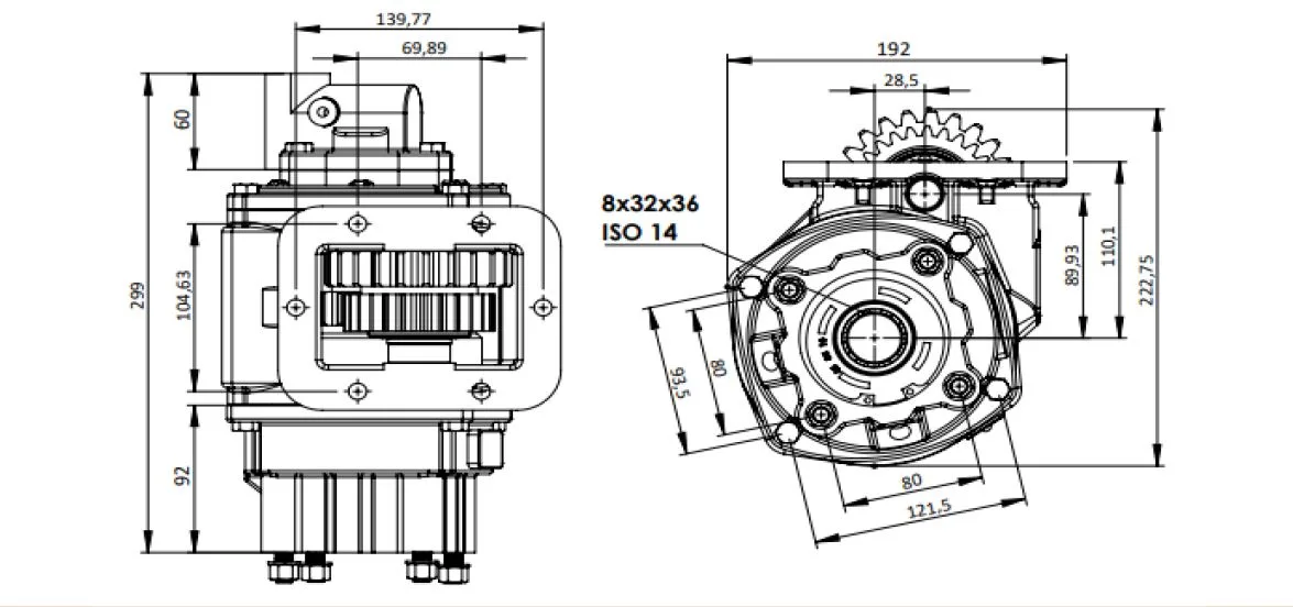 CTM 332 A1 PTO teknik çizimi — kesit, ölçü ve montaj şeması