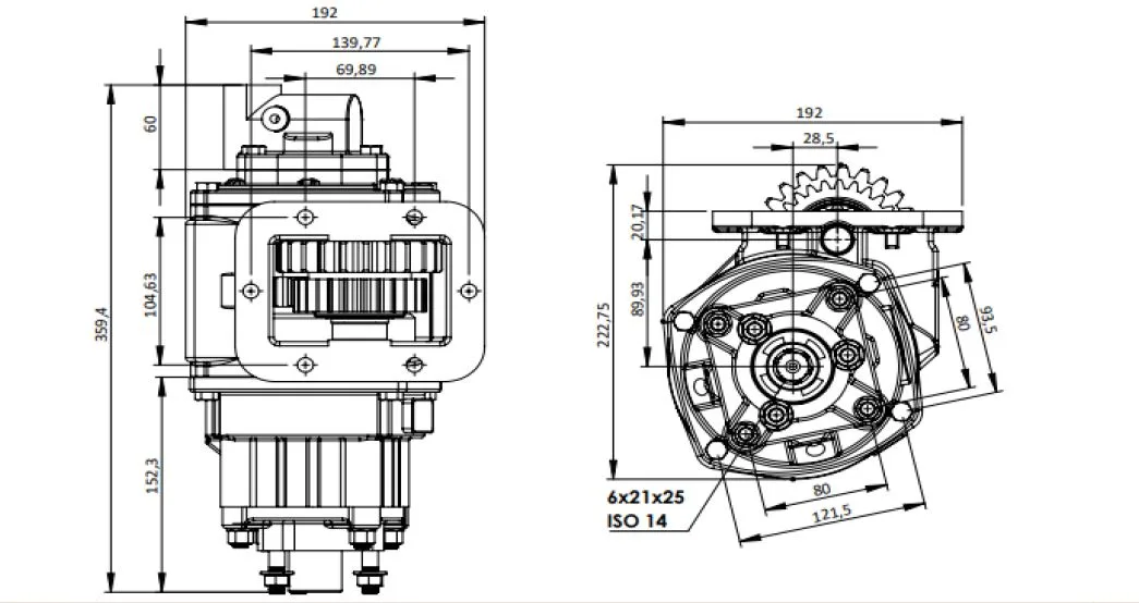 CTM 332 AC2 PTO teknik çizimi — kesit, ölçü ve montaj şeması