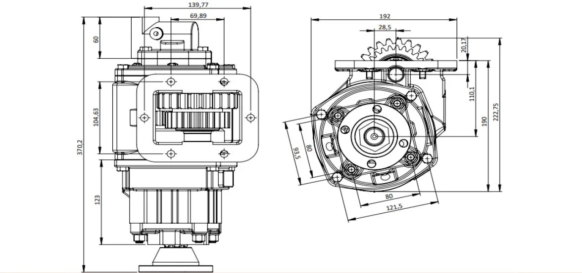 CTM 332 AD 1 PTO teknik çizimi — kesit, ölçü ve montaj şeması