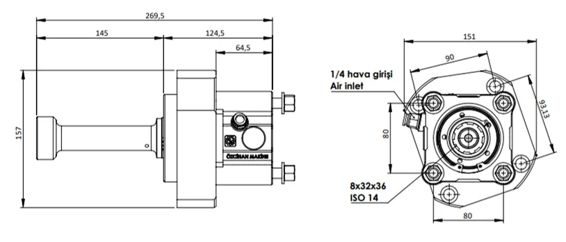 CTM 333 PTO teknik çizimi — kesit, ölçü ve montaj şeması