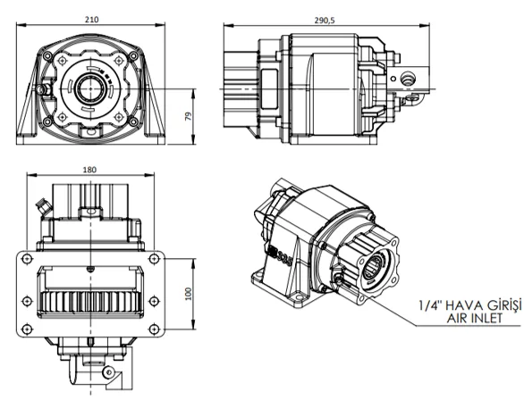 CTM 335 PTO teknik çizimi — kesit, ölçü ve montaj şeması