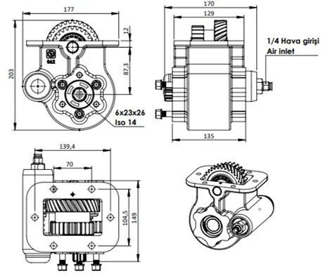 CTM 338 PTO teknik çizimi — kesit, ölçü ve montaj şeması