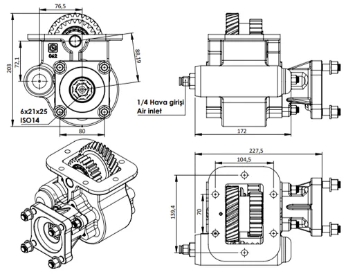 CTM 338 AC1 PTO teknik çizimi — kesit, ölçü ve montaj şeması