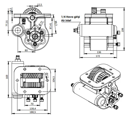 CTM 339 PTO teknik çizimi — kesit, ölçü ve montaj şeması