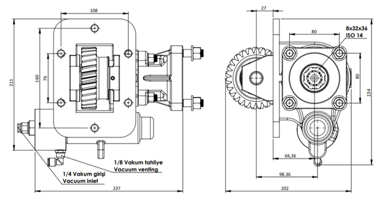CTM 341 BC1 KV PTO teknik çizimi — kesit, ölçü ve montaj şeması