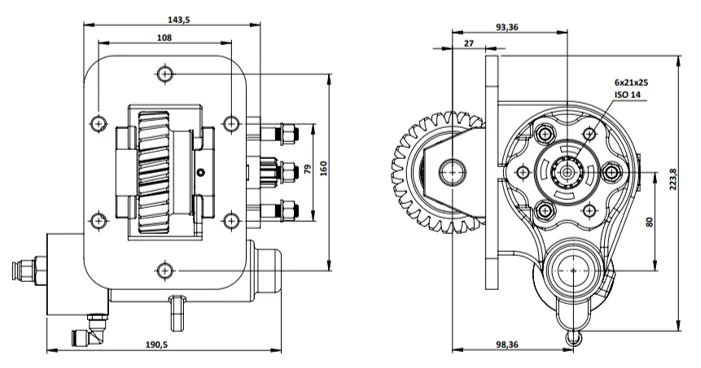 CTM 341 BE KV PTO teknik çizimi — kesit, ölçü ve montaj şeması
