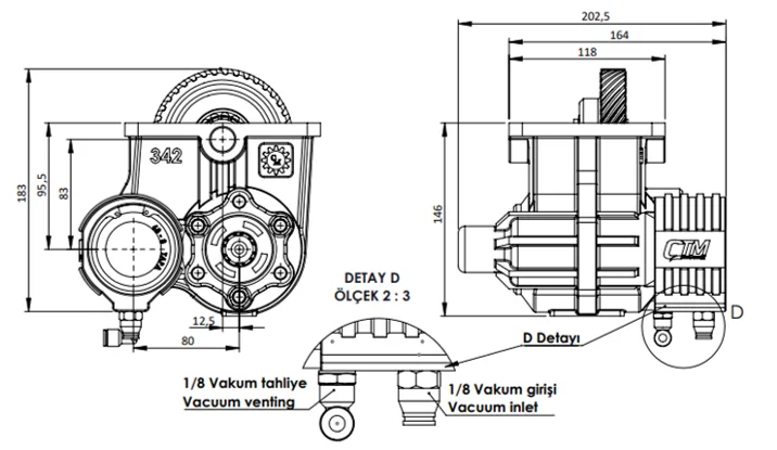 CTM 342 PTO teknik çizimi — kesit, ölçü ve montaj şeması