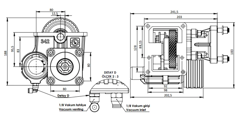 342 BC1 KV teknik çizimi — kesit, ölçü ve montaj şeması