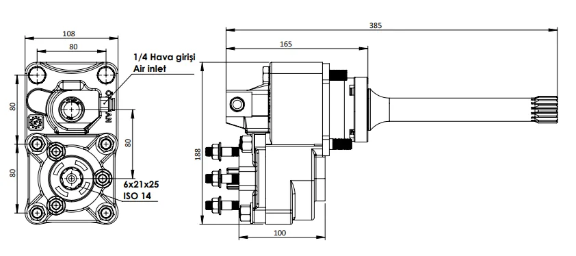 CTM 343 PTO teknik çizimi — kesit, ölçü ve montaj şeması