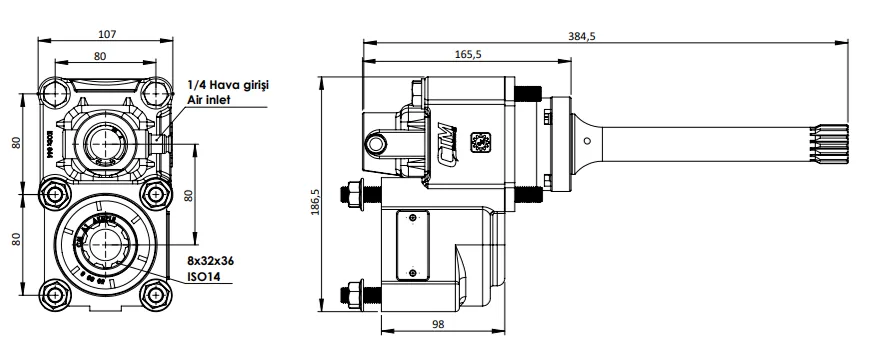 CTM 343 A1 PTO teknik çizimi — kesit, ölçü ve montaj şeması