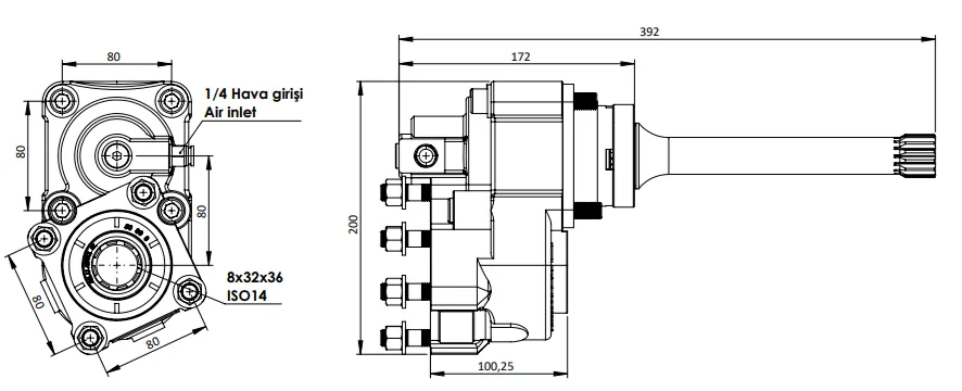 CTM 343 A1 3X PTO teknik çizimi — kesit, ölçü ve montaj şeması