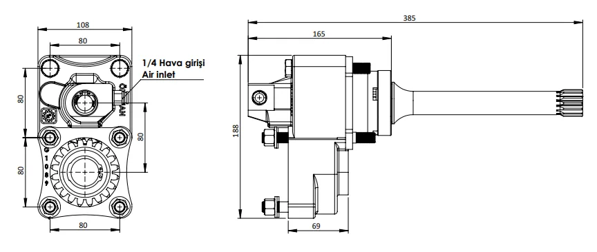 CTM 343 AC1 PTO teknik çizimi — kesit, ölçü ve montaj şeması